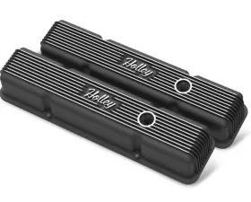 SBC HOLLEY VALVE COVERS,FINNED,W/EMIS,BLK