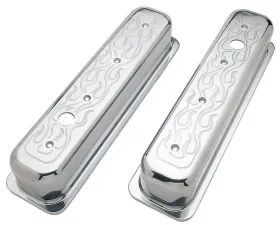 Trans-Dapt Performance BALL-MILLED Aluminum Valve Covers; TALL; FLAMES- 1987-99- SB CHEVROLET 5.0/5.7L
