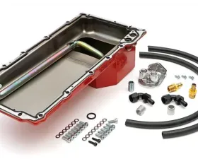 Trans-Dapt Performance LS Swap Oil Pan/Filter Reocation Kit; Single Filter; Vertical Port, Red Pan