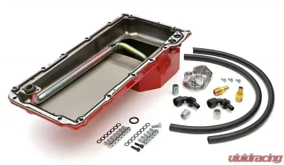 Trans-Dapt Performance LS Swap Oil Pan/Filter Reocation Kit; Single Filter; Vertical Port, Red Pan - 175