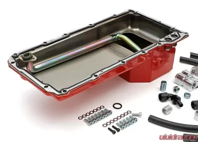 Trans-Dapt Performance LS Swap Oil Pan/Filter Reocation Kit; Single Filter; Horizontal Port, Red Pan - 176