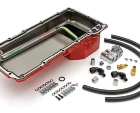 Trans-Dapt Performance LS Swap Oil Pan/Filter Reocation Kit; Single Filter; Horizontal Port, Red Pan