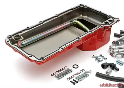 Trans-Dapt Performance LS Swap Oil Pan/Filter Reocation Kit; Double Filter; Horizontal Port, Red Pan - 177