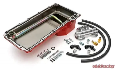 Trans-Dapt Performance LS Swap Oil Pan/Filter Reocation Kit; Double Filter; Horizontal Port, Red Pan - 177