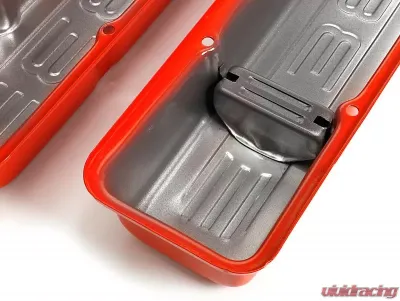 Trans-Dapt Performance 383 LOGO VALVE COVERS; SHORT; 1958-86 SBC 238-400; BAFFLED- CHEVY ORANGE - 9860