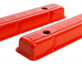 Trans-Dapt Performance 383 LOGO VALVE COVERS; SHORT; 1958-86 SBC 238-400; BAFFLED- CHEVY ORANGE