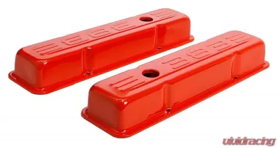 Trans-Dapt Performance 383 LOGO VALVE COVERS; SHORT; 1958-86 SBC 238-400; BAFFLED- CHEVY ORANGE - 9860