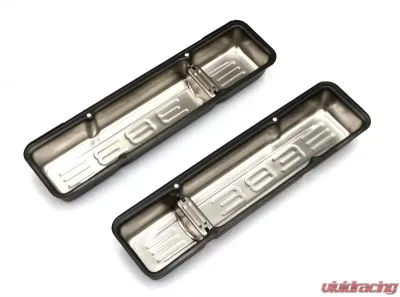 Trans-Dapt Performance 383 LOGO VALVE COVERS; SHORT; 1958-86 SBC 238-400; BAFFLED- ASPHALT BLACK - 9862