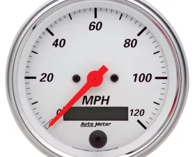 AutoMeter GAUGE; SPEEDOMETER; 3 3/8in.; 120MPH; ELEC. PROG. W/LCD ODO; ARCTIC WHITE