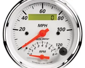 AutoMeter GAUGE; TACH/SPEEDO; 3 3/8in.; 120MPH/8K RPM; ELEC. PROGRAM.; ARCTIC WHITE
