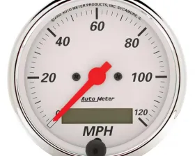 AutoMeter GAUGE; SPEEDOMETER; 3 1/8in.; 120MPH; ELEC. PROG. W/LCD ODO; ARCTIC WHITE