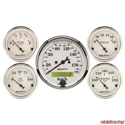 AutoMeter GAUGE KIT; 5 PC.; 3 1/8in./2 1/16in.; ELEC. KM/H SPEEDOMETER; OLD TYME WHITE - 1602-M