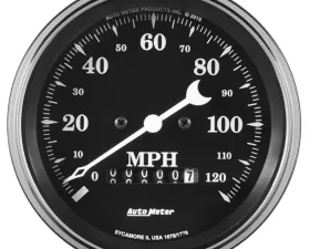 AutoMeter GAUGE; SPEEDO.; 3 3/8in.; 120MPH; ELEC. PROG. W/WHEEL ODO; OLD TYME BLACK