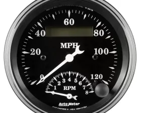 AutoMeter GAUGE; TACH/SPEEDO; 3 3/8in.; 120MPH/8K RPM; ELEC. PROGRAM.; OLD TYME BLK