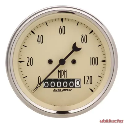 AutoMeter GAUGE; SPEEDO.; 3 3/8in.; 120MPH; ELEC. PROG. W/WHEEL ODO; ANTQ BEIGE - 1879