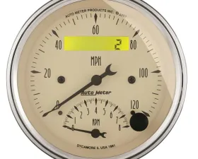 AutoMeter GAUGE; TACH/SPEEDO; 3 3/8in.; 120MPH/8K RPM; ELEC. PROGRAM.; ANTQ BEIGE