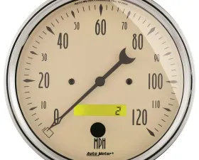 AutoMeter GAUGE; SPEEDOMETER; 5in.; 120MPH; ELEC. PROG. W/LCD ODO; ANTIQUE BEIGE