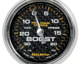 AutoMeter GAUGE; VAC/BOOST; 2 1/16in.; 30INHG-20PSI; MECHANICAL; MARINE CARBON FIBER