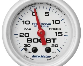 AutoMeter GAUGE; VAC/BOOST; 2 1/16in.; 30INHG-20PSI; MECHANICAL; MARINE WHITE