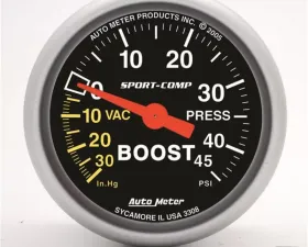 AutoMeter GAUGE; VAC/BOOST; 2 1/16in.; 30INHG-45PSI; MECHANICAL; SPORT-COMP