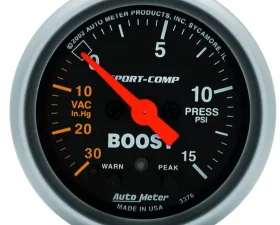 AutoMeter GAUGE; VAC/BOOST; 2 1/16in.; 30INHG-15PSI; STEPPER MOTOR W/PEAK/WARN; SPORT-COMP