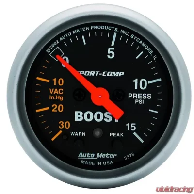 AutoMeter GAUGE; VAC/BOOST; 2 1/16in.; 30INHG-15PSI; STEPPER MOTOR W/PEAK/WARN; SPORT-COMP - 3376