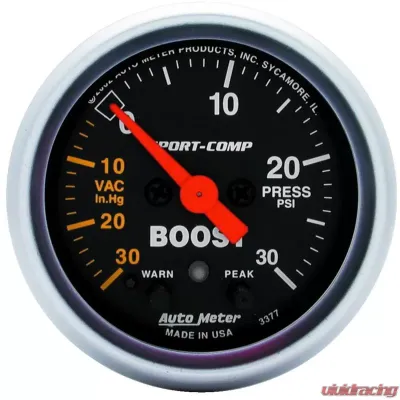 AutoMeter GAUGE; VAC/BOOST; 2 1/16in.; 30INHG-30PSI; STEPPER MOTOR W/PEAK/WARN; SPORT-COMP - 3377