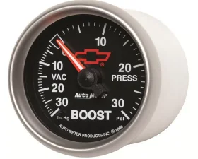 AutoMeter GAUGE; VAC/BOOST; 2 1/16in.; 30INHG-30PSI; MECHANICAL; CHEVY RED BOWTIE; BLACK