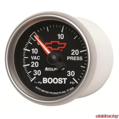 AutoMeter GAUGE; VAC/BOOST; 2 1/16in.; 30INHG-30PSI; MECHANICAL; CHEVY RED BOWTIE; BLACK - 3603-00406