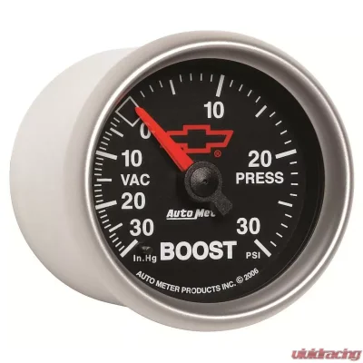 AutoMeter GAUGE; VAC/BOOST; 2 1/16in.; 30INHG-30PSI; MECHANICAL; CHEVY RED BOWTIE; BLACK - 3603-00406