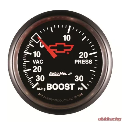 AutoMeter GAUGE; VAC/BOOST; 2 1/16in.; 30INHG-30PSI; MECHANICAL; CHEVY RED BOWTIE; BLACK - 3603-00406