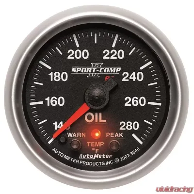 AutoMeter GAUGE; OIL TEMP; 2 1/16in.; 140-280deg.F; STEPPER MOTOR W/PEAK/WARN; SPORT-COMP - 3640