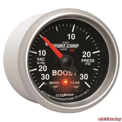 AutoMeter GAUGE; VAC/BOOST; 2 1/16in.; 30INHG-30PSI; STEPPER MOTOR W/PK/WRN; SPORT-COMP II - 3677