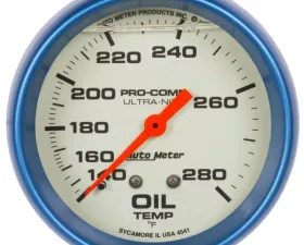 AutoMeter GAUGE; OIL TEMP; 2 5/8in.; 140-280deg.F; LIQUID FILLED MECH; GLOW IN DARK; ULTRA