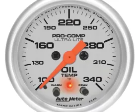 AutoMeter GAUGE; OIL TEMP; 2 1/16in.; 340deg.F; STEPPER MOTOR W/PEAK/WARN; ULTRA-LITE