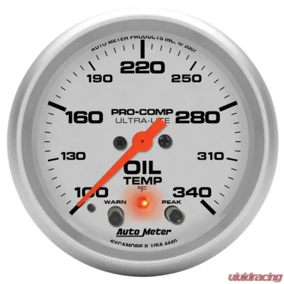 AutoMeter GAUGE; OIL TEMP; 2 5/8in.; 140-340deg.F; STEPPER MOTOR W/PEAK/WARN; ULTRA-LITE - 4440