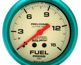 AutoMeter GAUGE; FUEL PRESS; 2 5/8in.; 15PSI; MECH.; GLOW IN THE DARK; ULTRA-NITE