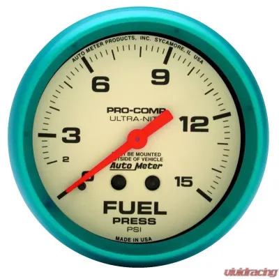 AutoMeter GAUGE; FUEL PRESS; 2 5/8in.; 15PSI; MECH.; GLOW IN THE DARK; ULTRA-NITE - 4511