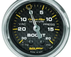 AutoMeter GAUGE; VAC/BOOST; 2 1/16in.; 30INHG-20PSI; MECHANICAL; CARBON FIBER