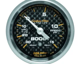 AutoMeter GAUGE; VAC/BOOST; 2 1/16in.; 30INHG-15PSI; STEPPER MOTOR W/PK/WRN; CARBON FIBER