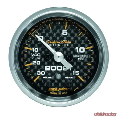 AutoMeter GAUGE; VAC/BOOST; 2 1/16in.; 30INHG-15PSI; STEPPER MOTOR W/PK/WRN; CARBON FIBER - 4776