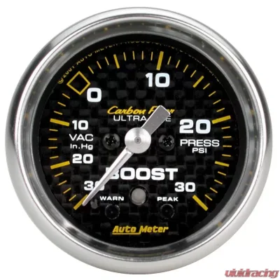 AutoMeter GAUGE; VAC/BOOST; 2 1/16in.; 30INHG-30PSI; STEPPER MOTOR W/PK/WRN; CARBON FIBER - 4777