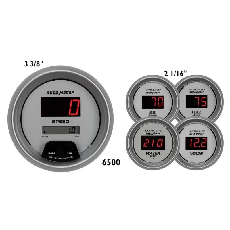 AutoMeter GAUGE KIT; 5 PC.; 3 3/8in./2 1/16in.; ELEC. SPEEDO.; DIGITAL; SILVER W/RED LED - 6500