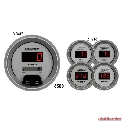 AutoMeter GAUGE KIT; 5 PC.; 3 3/8in./2 1/16in.; ELEC. SPEEDO.; DIGITAL; SILVER W/RED LED - 6500