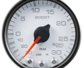 AutoMeter GAUGE; VAC/BOOST; 2 1/16in.; 30INHG-30PSI; STEPPER MOTOR W/PK/WRN; WHT/BLK; SPEK