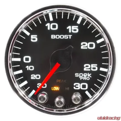 AutoMeter GAUGE; VAC/BOOST; 2 1/16in.; 30INHG-30PSI; STEPPER MTR W/PK/WRN; BLK/CHRME; SPEK - P30231