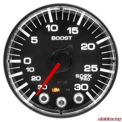 AutoMeter GAUGE; VAC/BOOST; 2 1/16in.; 30INHG-30PSI; STEPPER MOTOR W/PK/WRN; BLK/BLK; SPEK - P302328