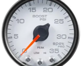 AutoMeter GAUGE; BOOST; 2 1/16in.; 35PSI; STEPPER MOTOR W/PEAK/WARN; WHITE/BLACK; SPEK-PRO