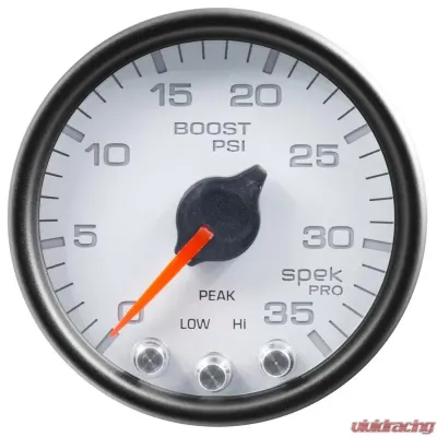 AutoMeter GAUGE; BOOST; 2 1/16in.; 35PSI; STEPPER MOTOR W/PEAK/WARN; WHITE/BLACK; SPEK-PRO - P30312