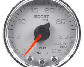 AutoMeter GAUGE; BOOST; 2 1/16in.; 35PSI; STEPPER MOTOR W/PEAK/WARN; SLVR/CHRME; SPEK-PRO